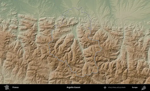 Argeles-Gazost. Renkli bir yükseklik haritasında Fransa 'nın ana yönetim alanı belirtilmiş
