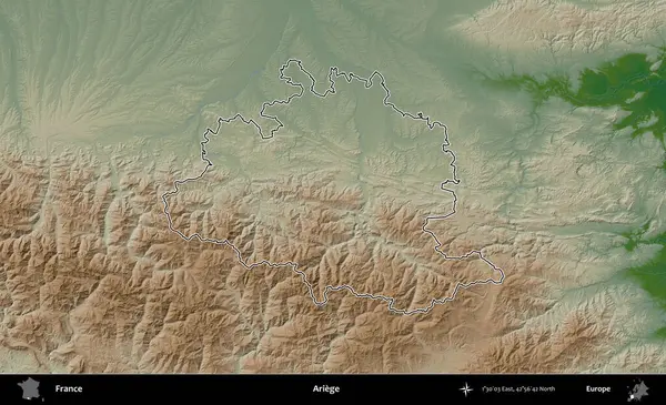 Ariege. Renkli bir yükseklik haritasında Fransa 'nın ana yönetim alanı belirtilmiş