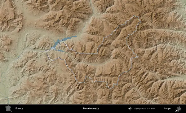 Barcelonnette. Renkli bir yükseklik haritasında Fransa 'nın ana yönetim alanı belirtilmiş