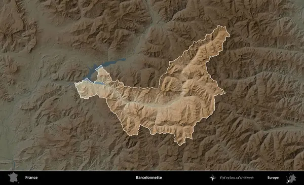 Barcelonnette. Fransa 'nın idari alanı koyu renkli bir yükseklik haritasına vurgulandı ve özetlendi