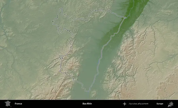 Bas-Rhin. Renkli bir yükseklik haritasında Fransa 'nın ana yönetim alanı belirtilmiş