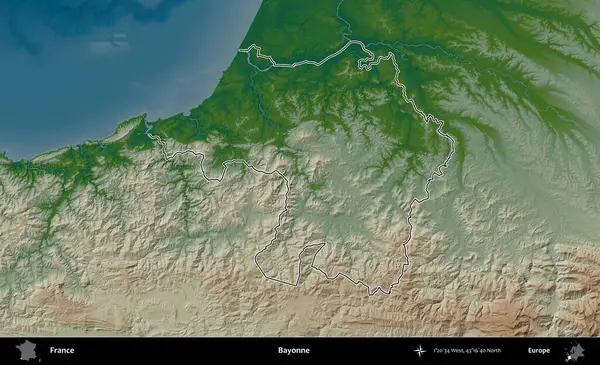 Bayonne. Renkli bir yükseklik haritasında Fransa 'nın ana yönetim alanı belirtilmiş