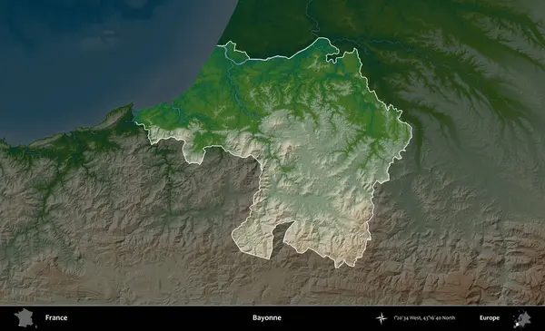 Bayonne. Fransa 'nın idari alanı koyu renkli bir yükseklik haritasına vurgulandı ve özetlendi
