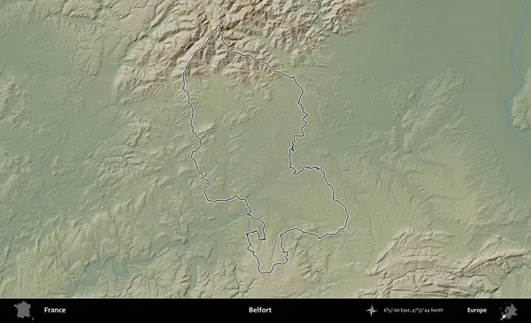 Belfort. Renkli bir yükseklik haritasında Fransa 'nın ana yönetim alanı belirtilmiş