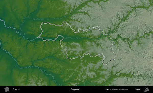 Bergerac. Renkli bir yükseklik haritasında Fransa 'nın ana yönetim alanı belirtilmiş