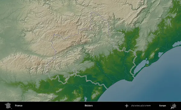 Beziers. Renkli bir yükseklik haritasında Fransa 'nın ana yönetim alanı belirtilmiş