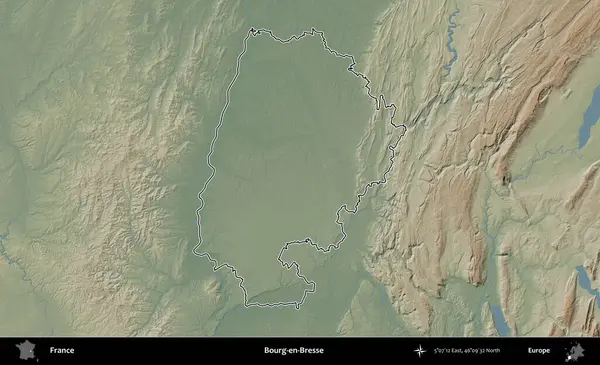 Bourg-en-Bresse. Renkli bir yükseklik haritasında Fransa 'nın ana yönetim alanı belirtilmiş