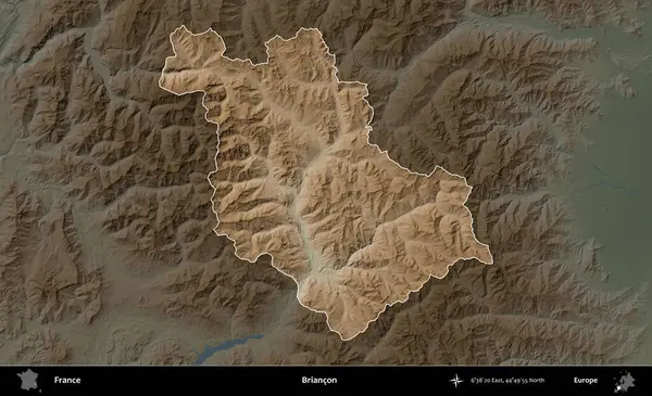 Briancon. Fransa 'nın idari alanı koyu renkli bir yükseklik haritasına vurgulandı ve özetlendi