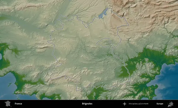 Brignoles. Renkli bir yükseklik haritasında Fransa 'nın ana yönetim alanı belirtilmiş