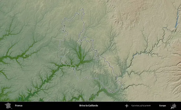 Brive-la-Gaillarde. Renkli bir yükseklik haritasında Fransa 'nın ana yönetim alanı belirtilmiş