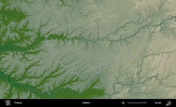 Cahors. Renkli bir yükseklik haritasında Fransa 'nın ana yönetim alanı belirtilmiş