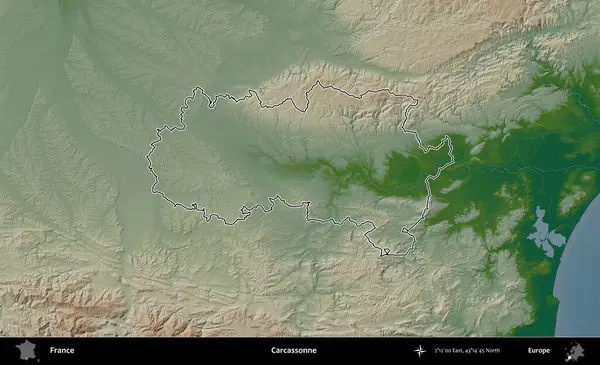 Carcassonne. Renkli bir yükseklik haritasında Fransa 'nın ana yönetim alanı belirtilmiş