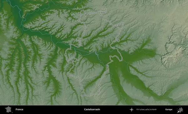 Castelsarrasin. Renkli bir yükseklik haritasında Fransa 'nın ana yönetim alanı belirtilmiş