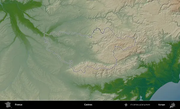Castres. Renkli bir yükseklik haritasında Fransa 'nın ana yönetim alanı belirtilmiş