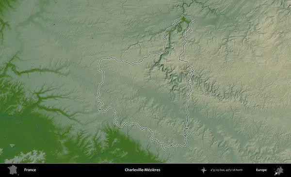 Charleville-Mezieres. Renkli bir yükseklik haritasında Fransa 'nın ana yönetim alanı belirtilmiş