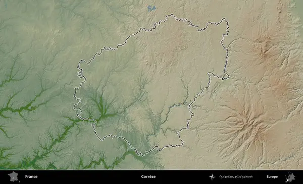 Correze. Renkli bir yükseklik haritasında Fransa 'nın ana yönetim alanı belirtilmiş