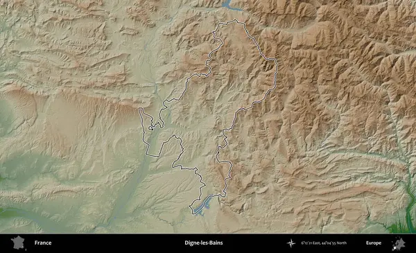 Digne-les-Bains. Renkli bir yükseklik haritasında Fransa 'nın ana yönetim alanı belirtilmiş