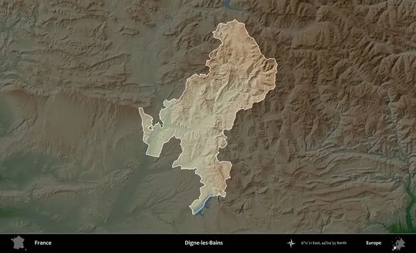Digne-les-Bains. Fransa 'nın idari alanı koyu renkli bir yükseklik haritasına vurgulandı ve özetlendi