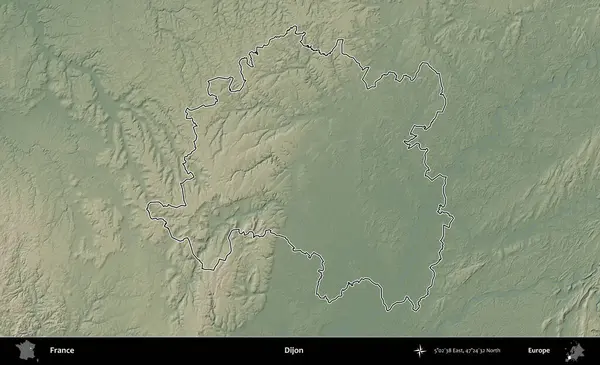 Dijon. Renkli bir yükseklik haritasında Fransa 'nın ana yönetim alanı belirtilmiş