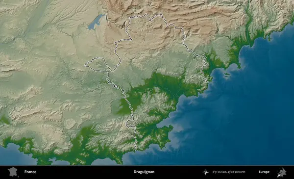 Draguignan. Renkli bir yükseklik haritasında Fransa 'nın ana yönetim alanı belirtilmiş
