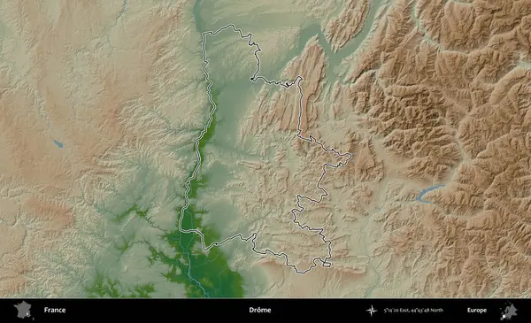Drome. Renkli bir yükseklik haritasında Fransa 'nın ana yönetim alanı belirtilmiş