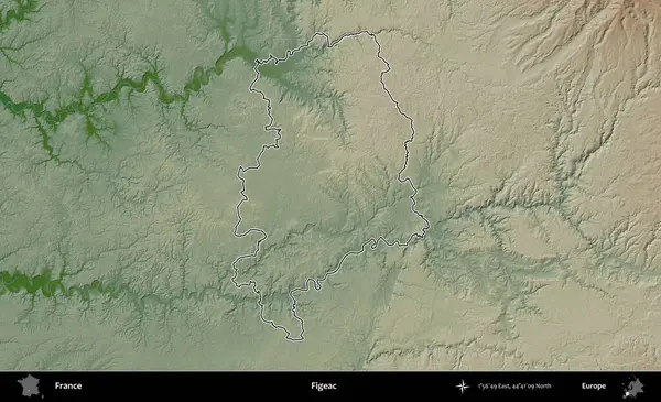 Figeac. Renkli bir yükseklik haritasında Fransa 'nın ana yönetim alanı belirtilmiş