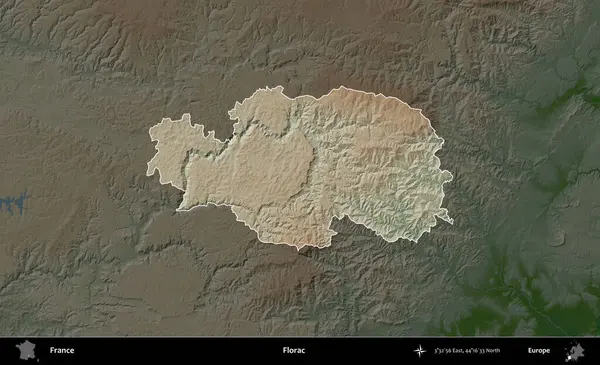 Florac. Fransa 'nın idari alanı koyu renkli bir yükseklik haritasına vurgulandı ve özetlendi