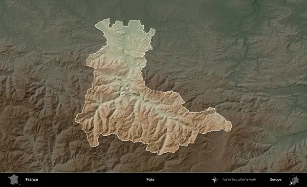 Foix. Fransa 'nın idari alanı koyu renkli bir yükseklik haritasına vurgulandı ve özetlendi