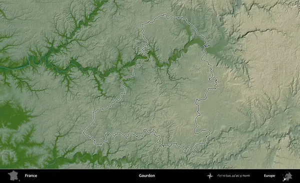 Gourdon. Renkli bir yükseklik haritasında Fransa 'nın ana yönetim alanı belirtilmiş