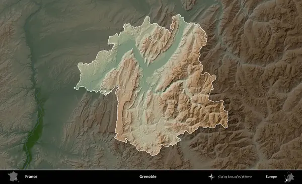 Grenoble. Fransa 'nın idari alanı koyu renkli bir yükseklik haritasına vurgulandı ve özetlendi