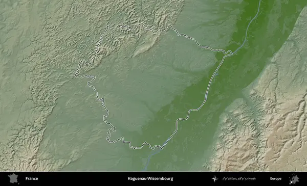 Haguenau-Wissembourg 'da. Renkli bir yükseklik haritasında Fransa 'nın ana yönetim alanı belirtilmiş