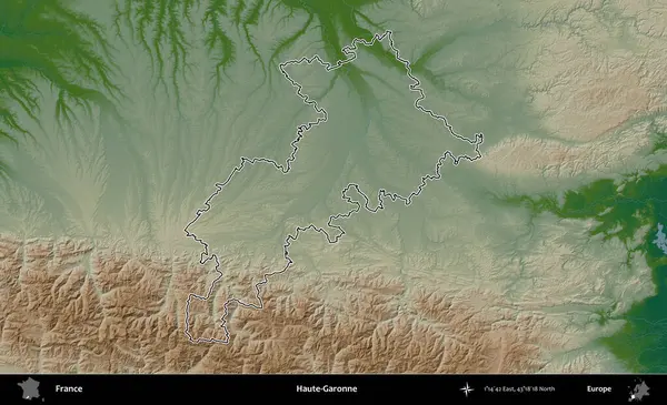 Haute-Garonne. Renkli bir yükseklik haritasında Fransa 'nın ana yönetim alanı belirtilmiş