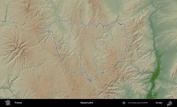 Haute-Loire 'da. Renkli bir yükseklik haritasında Fransa 'nın ana yönetim alanı belirtilmiş