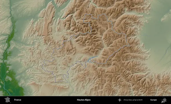 Hautes-Alpes. Renkli bir yükseklik haritasında Fransa 'nın ana yönetim alanı belirtilmiş