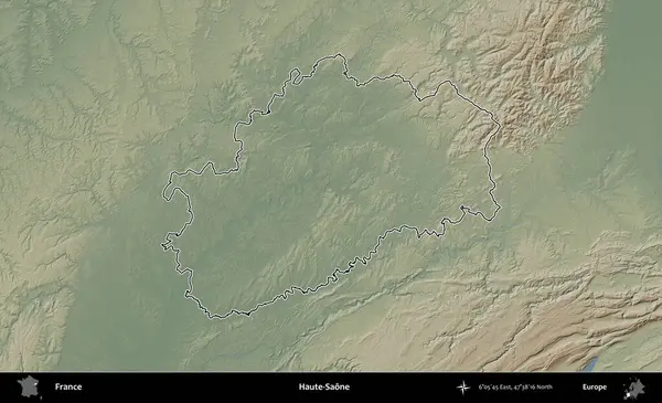Haute-Saone. Renkli bir yükseklik haritasında Fransa 'nın ana yönetim alanı belirtilmiş