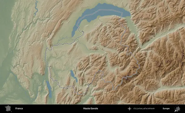 Haute-Savoie. Renkli bir yükseklik haritasında Fransa 'nın ana yönetim alanı belirtilmiş