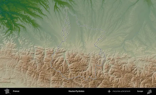 Hautes-Pyrenees 'de. Renkli bir yükseklik haritasında Fransa 'nın ana yönetim alanı belirtilmiş