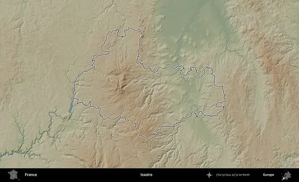 Issoire. Renkli bir yükseklik haritasında Fransa 'nın ana yönetim alanı belirtilmiş