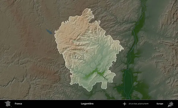 Largentiere. Fransa 'nın idari alanı koyu renkli bir yükseklik haritasına vurgulandı ve özetlendi