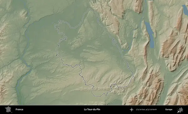 La Tour-du-Pin. Renkli bir yükseklik haritasında Fransa 'nın ana yönetim alanı belirtilmiş