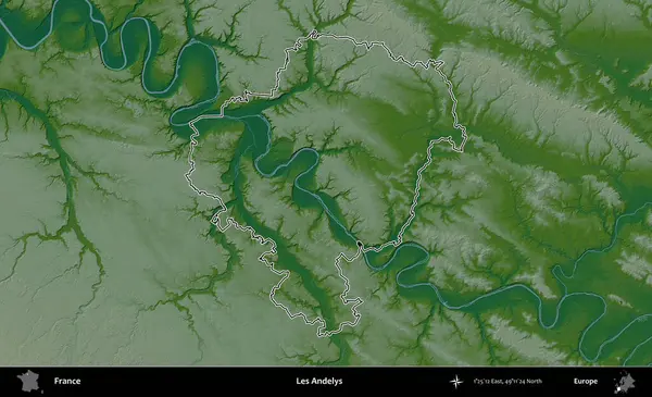 Les Andelys. Renkli bir yükseklik haritasında Fransa 'nın ana yönetim alanı belirtilmiş
