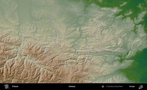 Limuzin. Renkli bir yükseklik haritasında Fransa 'nın ana yönetim alanı belirtilmiş