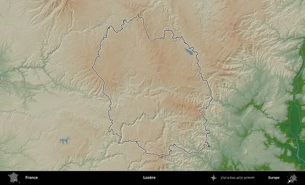 Lozere. Renkli bir yükseklik haritasında Fransa 'nın ana yönetim alanı belirtilmiş