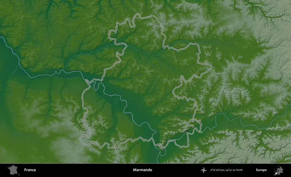 Marmande. Renkli bir yükseklik haritasında Fransa 'nın ana yönetim alanı belirtilmiş