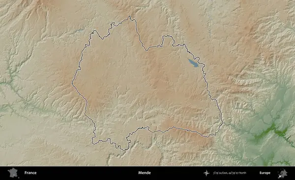 Mende. Renkli bir yükseklik haritasında Fransa 'nın ana yönetim alanı belirtilmiş