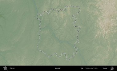 Nevers. Renkli bir yükseklik haritasında Fransa 'nın ana yönetim alanı belirtilmiş