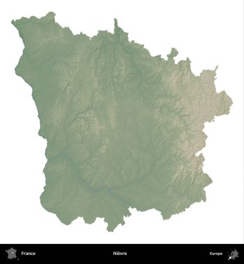 Nievre. Fransa 'nın idari bölgesi renkli bir yükseklik haritasında beyaza izole edilmiş