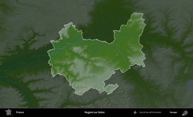 Nogent-sur-Seine. Fransa 'nın idari alanı koyu renkli bir yükseklik haritasına vurgulandı ve özetlendi