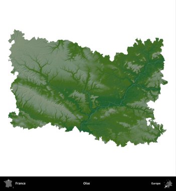 Oise. Fransa 'nın idari bölgesi renkli bir yükseklik haritasında beyaza izole edilmiş