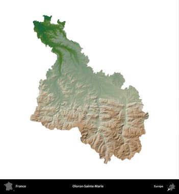 Oloron-Sainte-Marie. Fransa 'nın idari bölgesi renkli bir yükseklik haritasında beyaza izole edilmiş